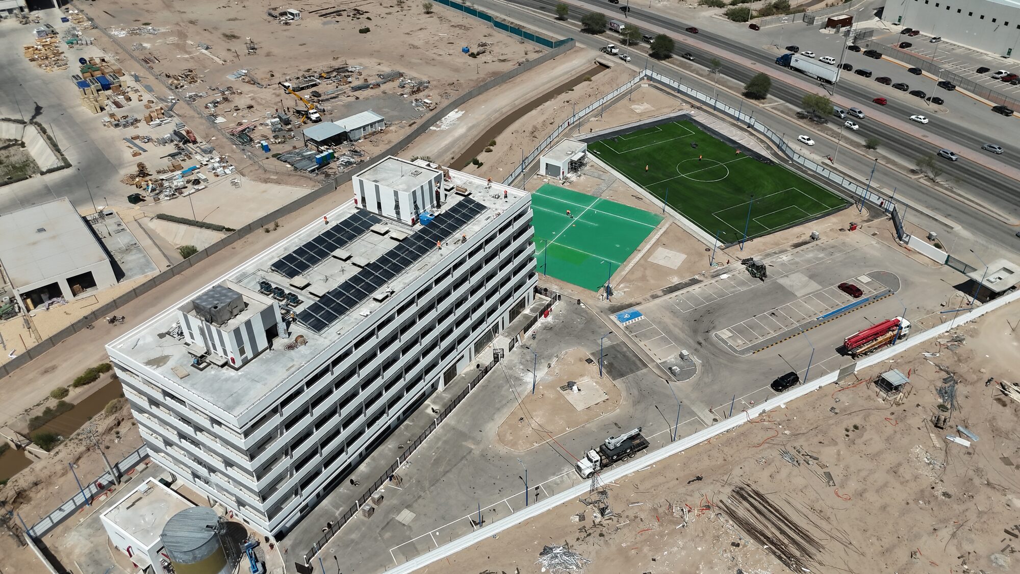 Foxconn manufacturing campus — aerial construction progress view, Ciudad Juárez Mexico
