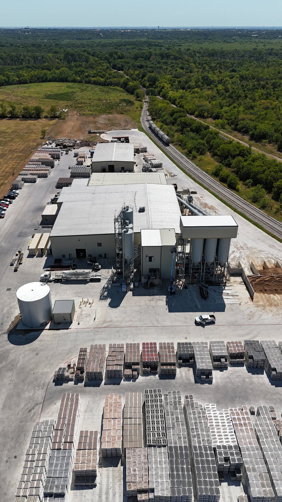 Oldcastle Denton concrete manufacturing facility — aerial site overview and product storage yard